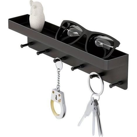Schlüsselbrett mit Ablage und 6 Haken, modernes schwarzes Schlüsselbrett zur Wandmontage ohne Bohren, ideal für Eingangsbereich, Flur und Küche (1/5)