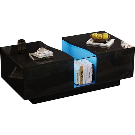 Tavolino da caffè 100x50x35 cm, con LED a Controllo App, 2 Cassetti, Design a Giorno in MDF Nero, per Soggiorno (1/5)