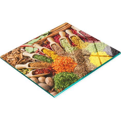 Stilvolles und robustes Glasbrett mit farbenfrohem Gewürzmuster, 60 x 52 cm (1/5)