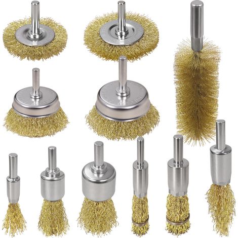 Brosse de nettoyage en fil de laiton pour perceuse, fil d'acier au carbone abrasif revêtu de laiton avec poils souples, tige de 1/4" pour enlever le métal, enlever la rouille et la peinture (1/5)
