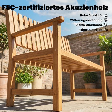 Banque de jardin 2 places, banc en bois lamellé résistant aux intempéries, accoudoirs, charge max 320 kg, 112 x 64 x 92 cm, bois naturel (1/5)