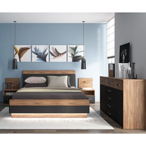 Schlafzimmer Set 4-teilig MANAGUA-129 mit Bett 140x200 in Eiche mit schwarz matt (1/5)