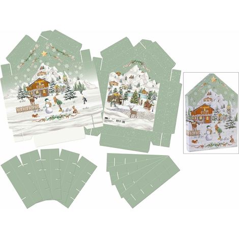 Calendari dell'Avvento in carta a forma di cassetta da montare e riempire, con stampa paesaggio innevato, set da 6 pezzi