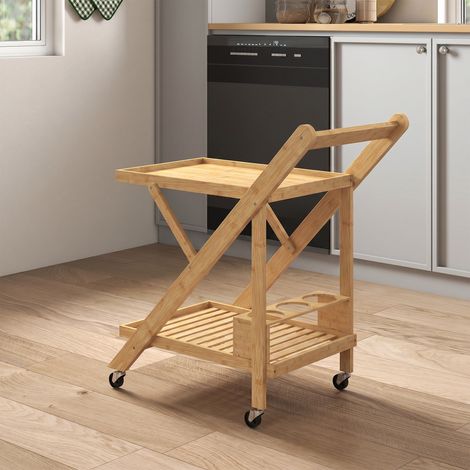 Desserte de cuisine en bambou chariot de service pliable 2 plateaux 4 roues 3 casiers à vin 66 x 40 x 70 cm bois naturel (1/5)