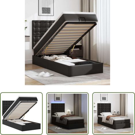 vidaXL LED-Beleuchtung - Ottoman-Bett mit Matratze & LEDs Schwarz 90x200 cm Kunstleder (1/5)