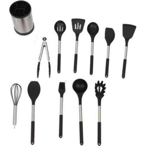 Juego de 12 utensilios de cocina de silicona negra, resistentes al calor, antiadherentes, espátula y cuchara, aptos para lavavajillas. (1/4)