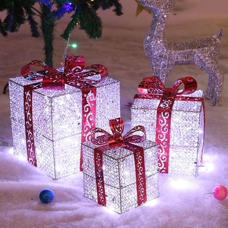 Lot de 3 boîtes cadeaux de Noël lumineux à paillettes, 3 boîtes décoratives LED, argenté, à piles (1/3)