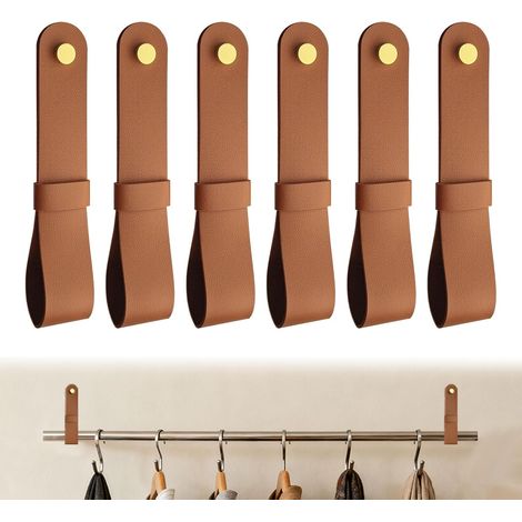 Lot de 6 supports de tringle à rideaux en cuir, supports décoratifs pour tringle à rideaux murale avec vis et capuchons en laiton, sangles de suspension, crochet de suspension pour serviette (1/5)