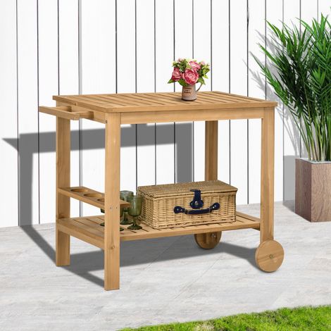 Carrello da giardino in legno per griglia o barbecue con maniglia, 2 ripiani e portabottiglie, 95 x 47 x 74 cm