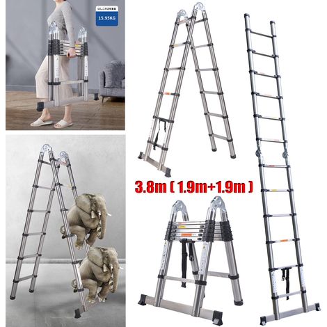 3.8M A-förmige Teleskopleiter Ausziehbar Stehleiter Ladder Mehrzweckleiter Bis 150kg Max (1/5)