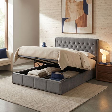 Letto matrimoniale contenitore 160x200 cm con rete sollevabile idraulica, testiera capitonné, velluto grigio