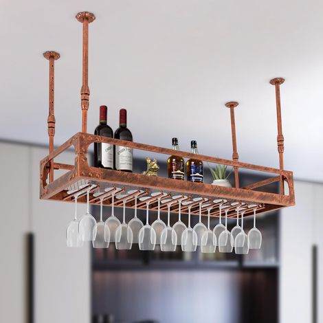 Étagère de Plafond - Porte-Bouteilles de vin - Rétro - Décoration en Fer - Réglable en Hauteur - Jusqu'à 50 kg - pour Bar, café, Cuisine - Bronze (100 x 35 x 35-55 cm) (1/5)