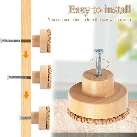 Lot de 10 boutons ronds en rotin pour portes de placards de cuisine - Poignées de tiroir en bois pour cuisine, chambre, commode et placards (1/4)