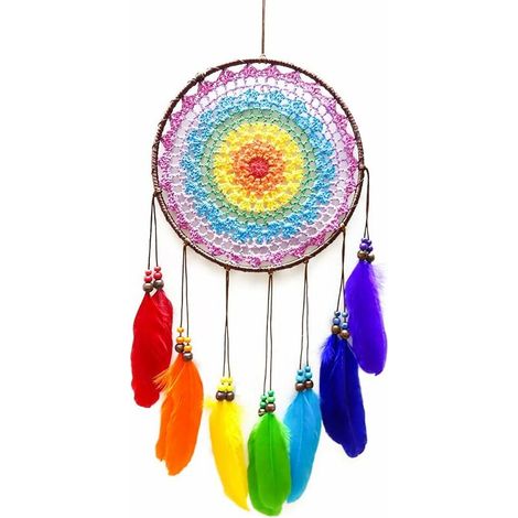 Attrape-rêves coloré tricoté à la main et décoration pour chambre de bébé avec de magnifiques plumes. (1/5)