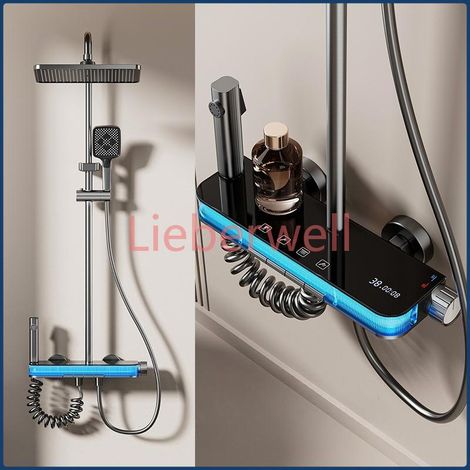 Ensemble de douche de salle de bains à pluie numérique intelligent, affichage de la température, ensemble de robinets de douche de salle de bains, système de douche gris avec lumière ambiante (1/4)
