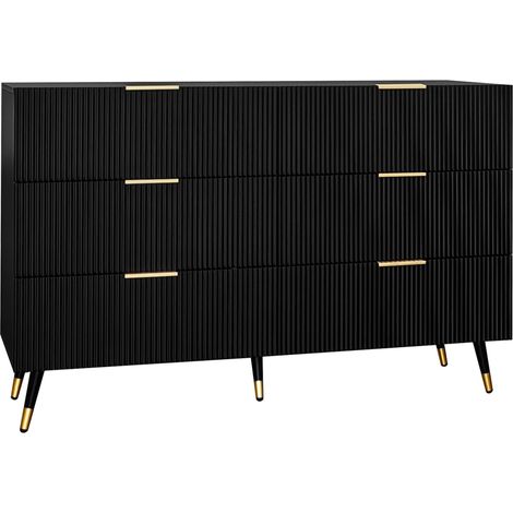 Buffet Noir et Or Commode 6 Tiroirs Meuble de Rangement 120 cm pour Salon et Salle à Manger (1/5)