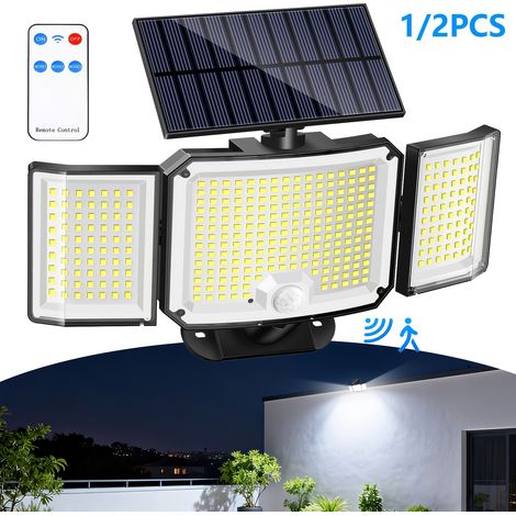 Lampe Solaire Extérieure 346 LED à 3 Têtes, Applique Murale Solaire 270°, Détecteur de Mouvement PIR, Lumière Blanche, Télécommande, IP65 Étanche, Éclairage de Sécurité pour Jardin, Garage, Cour et Te (1/4)