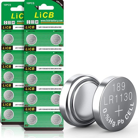 Lot de 20 piles bouton LR1130 AG10 L1131 189 1,5 V alcaline LR54, lr54 batteries bouton durée de vie 3 ans garantie 100% (1/5)