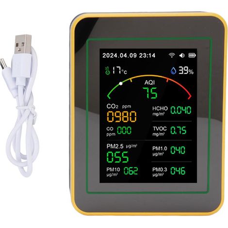 Eosnow Luftqualitätsdetektor 15 in 1 WIFI APP-Steuerung CO2 HCHO TVOC PM0,3 PM1,0 PM2,5 PM10 Temperatur Luftfeuchtigkeit Datum Uhrzeit Uhr Timer Tester Schwarz Gelb