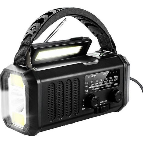 Radio météo d'urgence améliorée 20 000 mAh FM/AM/WB, radio à manivelle, lampe torche, alimentation solaire pour le camping en plein air, noir (1/5)