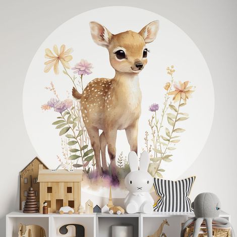 Sticker mural rond / cercle Enfants - Biche - Diamètre 30 cm - Adhésif + Protection BRILLANTE (1/2)