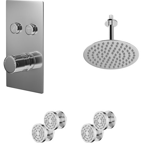 Circo Polished Chrome Push Button Diverter Concealed Thermostatic Shower Valve and 200mm Round Head with 150mm Ceiling Arm and 4 Body Jets - 2 Outlet (1/5)