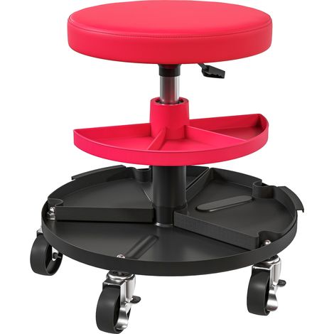 Roter Werkstatthocker mit Rollen, höhenverstellbarer Plattform (40–51 cm), Tragkraft bis 135 kg, mit Ablageflächen