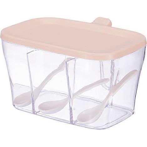 Gewürzbox aus Kunststoff mit Deckel, transparentes Design mit drei Fächern, inklusive Deckel und Löffel (Pink) (1/5)