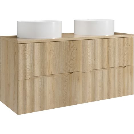 Mobile bagno sospeso scanalato con lavabo da appoggio rotondo Naturale chiaro 120 cm - ORISO (1/4)