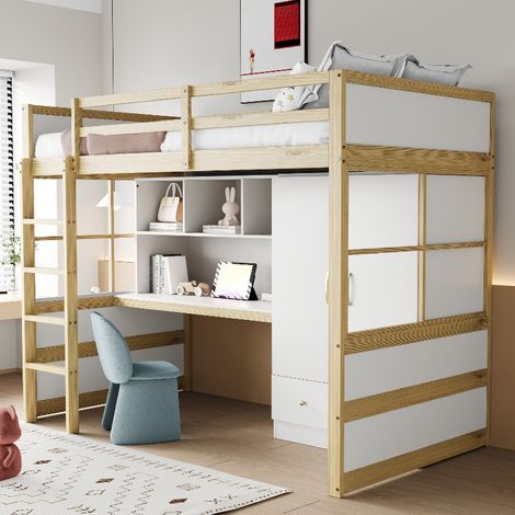 Hochbett 90x200 cm mit Schreibtisch und Kleiderschrank, platzsparendes Kinderbett mit Leiter und Schubladen, Kiefer Massivholz, Holzfarbe (1/5)
