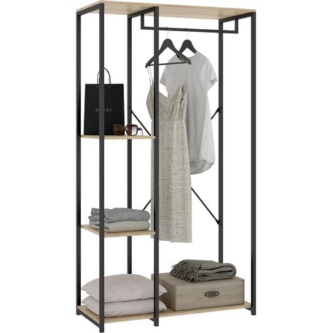 Guardarropa Grande Clovis, Armario Dormitorio 3 Estantes, Perchero, Cajones, 40x167h cm Roble Marrón