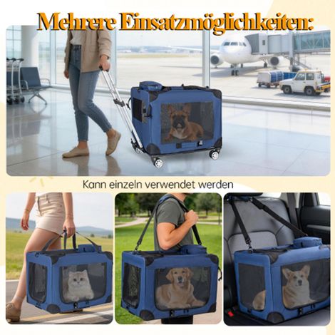 Caisse de transport pliable 2 en 1 60cm pour chiens moyens et grands, sac à roulettes avec 3 portes et fenêtres filet, usage intérieur, extérieur et voyage (1/5)