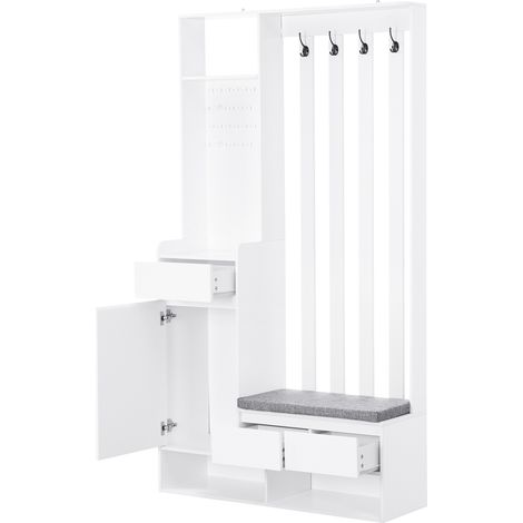 Flurmöbel mit gepolsterter Sitzbank, Garderobe mit Lochwand und 4 Haken, Weiß (1/5)