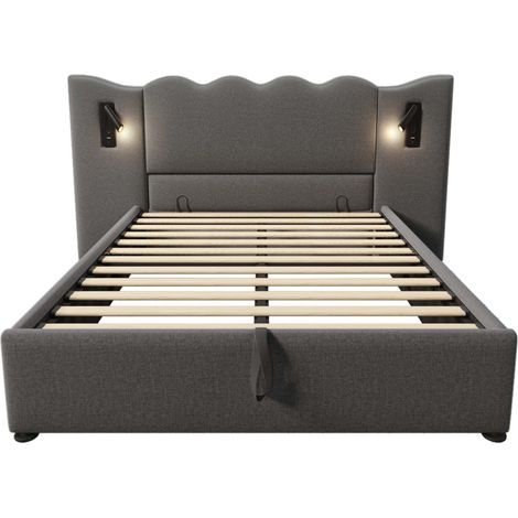 Cama doble 160x200 de lino gris con lámpara de lectura y carga USB-C, canapé con somier (1/5)