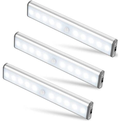 Lot de 3 Lampes 10 LED, Sans Fil, Rechargeable par USB, Aimanté, Détecteur de Mouvement, 2 Modes d’Éclairage, Portable. Lumière de Placard, Baladeuse de Secours, Veilleuse Enfant, Appoint … [Classe én