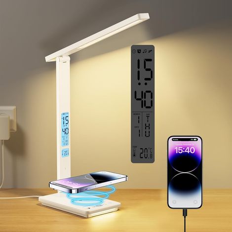 Lampe de Bureau LED avec Chargeur sans Fil & Port USB, 5 Couleurs Luminosité Variable Touch Control, Lampe Chevet 2 Veilleuses, Large Écran LCD Horloge Température, Lampe pour Bureau Étude (1/5)