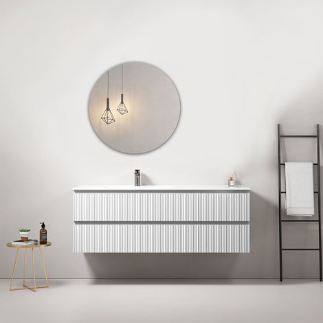 Mobile bagno sospeso cannettato 140 cm Bianco Lavabo a Sinistra in Resina Specchio Tondo - Fiji Paint (1/4)