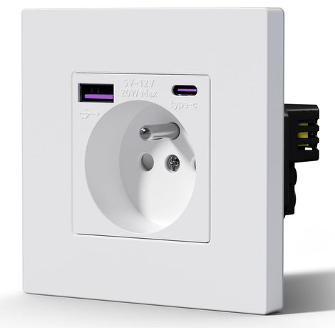 Prise Electrique avec USB et Type C, 20W Charge rapide, Prise Murale avec Panneau En Plastique, Alternatif Norme Française 16 Amp 240V 86mm Blanc (1/5)