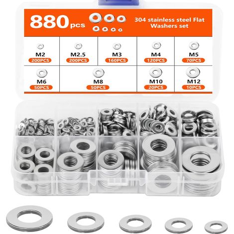 880 Pcs Rondelle M2 M2.5 M3 M4 M5 M6 M8 M10 M12, Rondelles pour Gonds de Porte, Rondelle Plate Métalliques, Rondelles en acier inoxydable 304 pour vis, écrous et tiges filetées