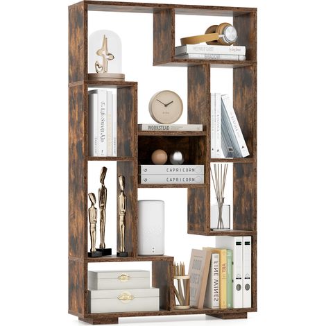 Bibliothèque Géométrique de 120 cm, Etagères Ouvertes, Etagère de Rangement Autoportante avec Kits anti-basculement, pour Bureau, Salon, Marron (1/5)