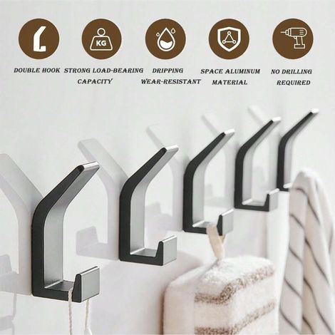 Selbstklebende Wandhaken, 6-teiliges Handtuchhalter-Set fürs Badezimmer, Wandhaken zur Montage ohne Bohren, Haken ohne Bohren, Edelstahl, Aluminium, matt