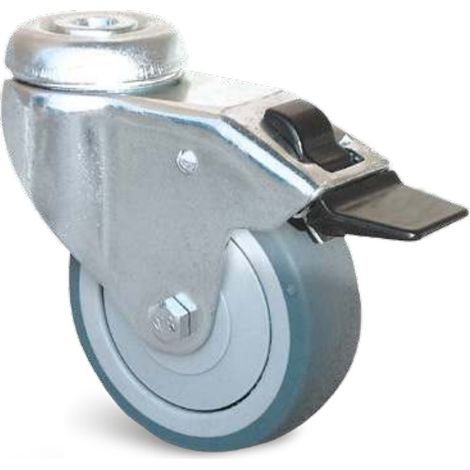 Roulette Uniroll caoutchouc grise à trou central pivotante + frein 125mm - GUITEL HERVIEU - 13922