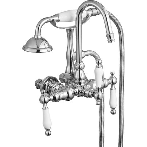 Mophorn Badewannenarmatur zur Wandmontage mit Klauenfuß und Handbrause, Retro-Design mit 1,5 m Schlauch und gebogenem Auslauf, Wasserhahn-Duschset für Wannenfüllung in poliertem Chrom (1/5)