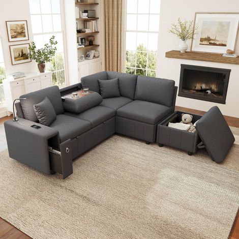 Canapé d'angle convertible 213 x 184 x 88 cm Canapé-lit en L avec pouf coffre, Table rabattable, USB/USB-C, lampe de lecture, Gris (1/5)