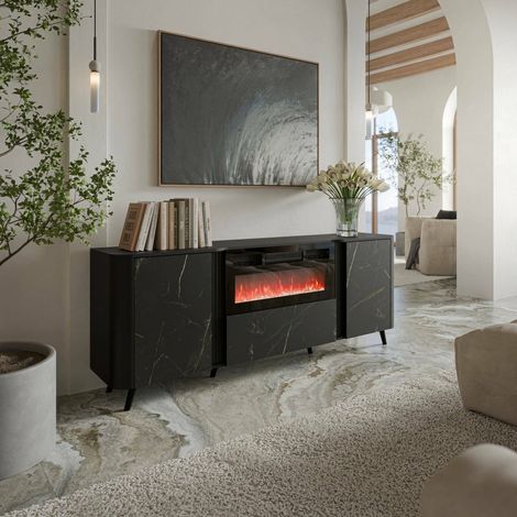 Briano Sideboard, Wohnzimmer-Sideboard mit zwei Flügeltüren, Klapptür und elektrischem Kamin, vom Boden abgehoben, 191 x 40 x 69 cm, Marmor und Schwarz (1/5)