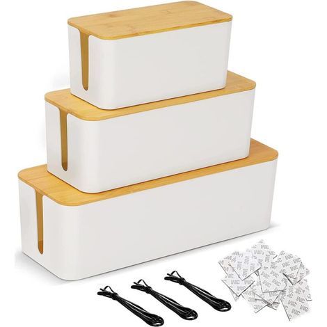 Ensemble de 3 boîtes de rangement pour câbles, grande boîte avec couvercle en bois, boîte de rangement pour multiprises afin de protéger câbles et prises – Blanc/Aspect bambou