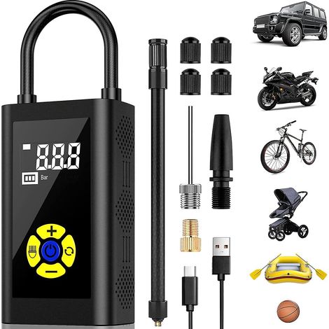 Compresseur d'air portatif 2024, gonfleur de pneus voiture et pompe à vélo, écran LCD numérique mini, 150psi, rechargeable USB-C 2000mAh (1/5)