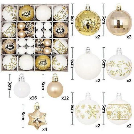 Boules de Noël pour sapin - 44 grosses boules multicolores - Décorations pour sapin de Noël, idéales pour les réunions de famille - 44 boules dorées et blanches (1/5)