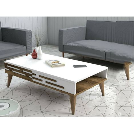 Dmora - Tavolino da salotto Mansuk, Tavolo basso da caffè, Portariviste per divano, Ripiano da soggiorno, 105x35h60 cm, Noce e Bianco (1/4)