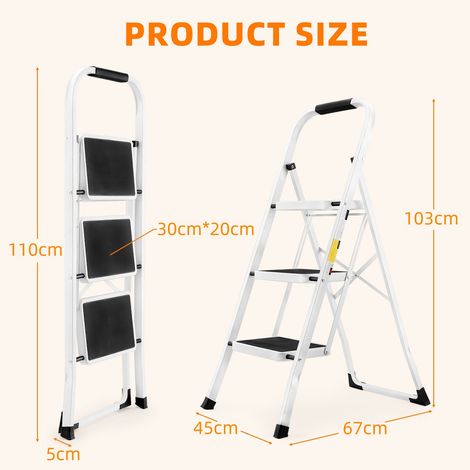 Marchepied 3 marches pliable, escabeau léger pour adulte avec antidérapant, stable et portable avec rampes, capacité 150 kg pour cuisine et maison (1/5)